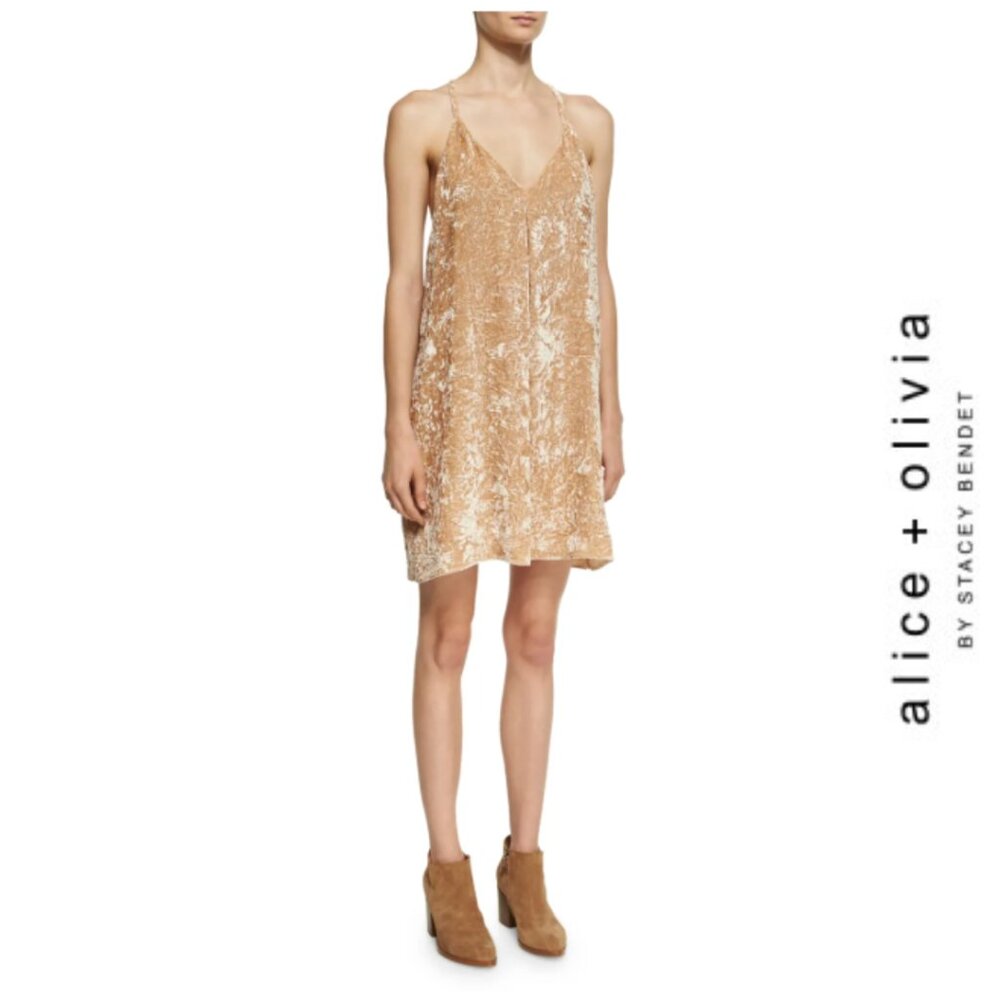 Alice + Olivia | Fierra Crushed Velvet Gold/Beige Tank Mini Dress, Size Large